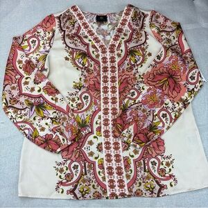 Jm Collection Women's Long Sleeve Printed V-Neck Satin Top Size M